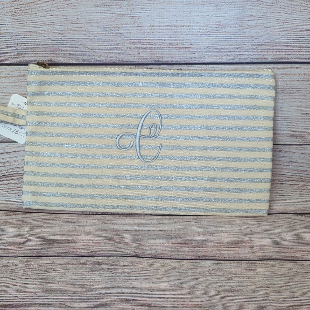 Striped Cream and Silver Wristlet Bag